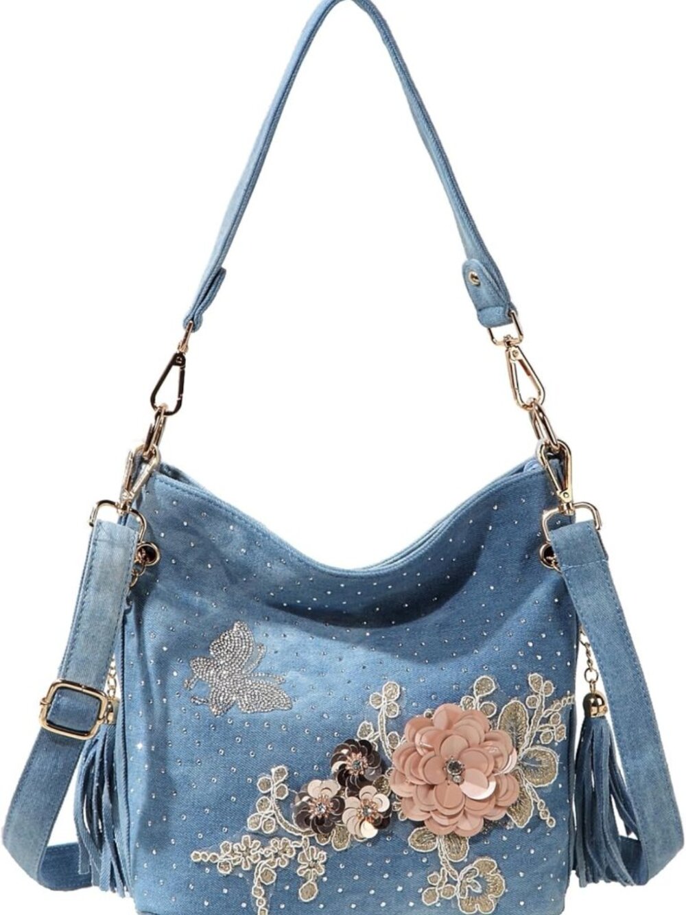 Chic Denim Handbags for Women | Rhinestone-Embellished Top Handle Jean Purses